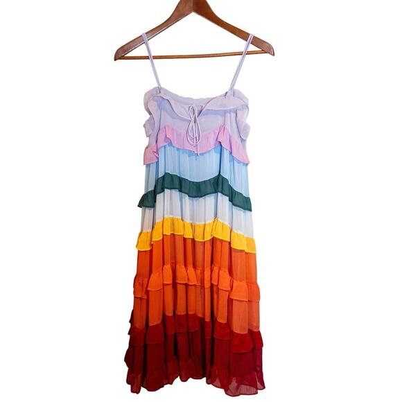 Storia Multicolored Rainbow Ruffle Tiered Midi Dress Small - Picture 6 of 8